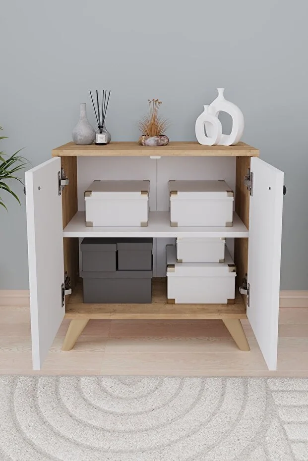 Dekoratif Kitaplık 2 Kapaklı 2 Bölmeli Kitaplık Smyrna Safir Meşe Beyaz